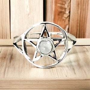 925 Sterling Silver Onyx Moon Pentacle Ring, Crescent Moon