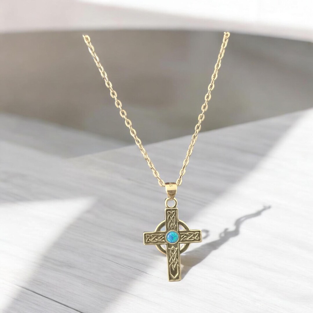 Handcast 925 Sterling Silver Irish Celtic Cross W/blue Opal Pendant ...