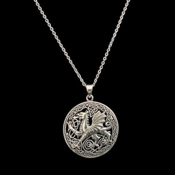 Large Handcast 925 Sterling Silver Welsh Dragon Pendant + Free Chain