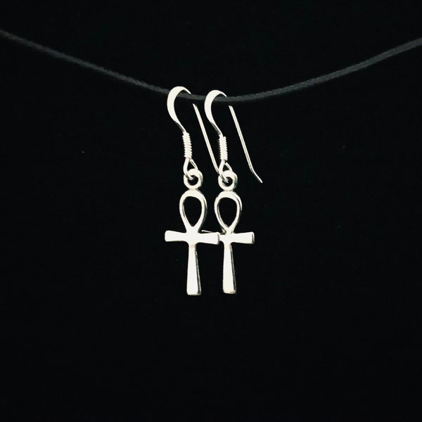 Handcast 925 Sterling Silver Egyptian Ankh Key of Life Dangle Earrings