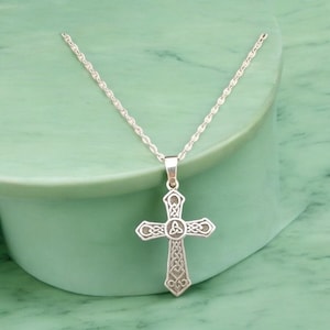Large Handcast 925 Sterling Silver Celtic Trinity Triquetra Knot Cross Pendant + Free Chain Necklace