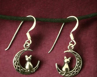 Handgegossene 925 Sterling Silber keltische Halbmond Katze Katzen Ohrringe