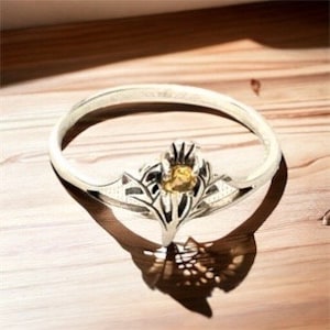 Handcast 925 Sterling Silver Scotland Scottish Thistle Citrine Ring Outlander