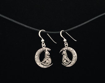 Handcast 925 Sterling Silver Celtic Howling Wolf on Crescent Moon Dangle Earrings