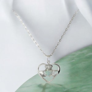 Handcast 925 Sterling Silver Irish Celtic Claddagh Claddaugh White Opal Heart Pendant + Free Chain