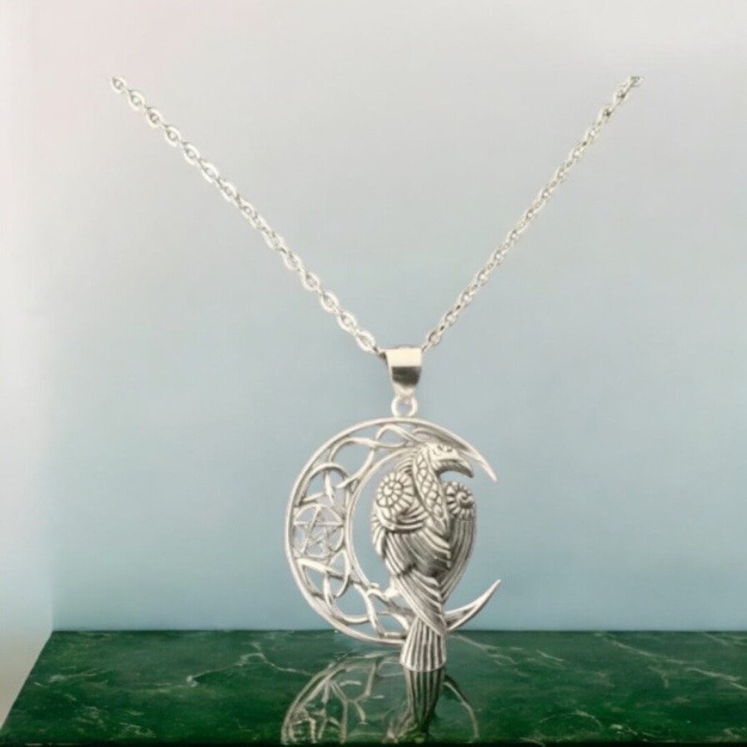 Handcast 925 Sterling Silver Raven on Crescent Moon Pendant With Celtic ...