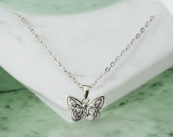 Handcast 925 Sterling Silver Celtic Butterfly Pendant Necklace + Free Chain