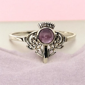 Handcast 925 Sterling Silver Scotland Scottish Amethyst Thistle Ring Outlander