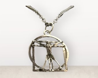 Handcast 925 Sterling Silver Renaissance Vitruvian Man Pendant + Free Chain