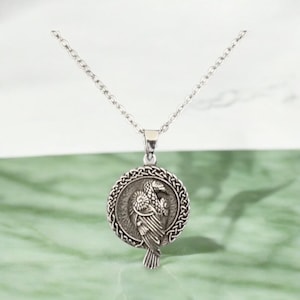 Handcast 925 Sterling Silver Raven with Celtic Knotwork Pendant Necklace + Free Chain