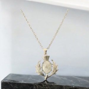 Large Handcast 925 Sterling Silver Scottish Thistle Moonstone Pendant Necklace + Free Chain Outlander