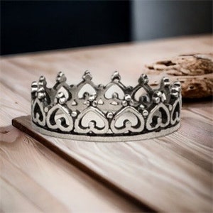 Handcast 925 Sterling Silver Heart Crown Band Ring King Queen Medieval Renaissance