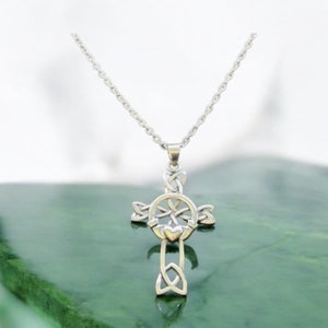 Handcast Large 925 Sterling Silver Unisex Irish Celtic Claddagh Claddaugh Cross Pendant Necklace Free Chain