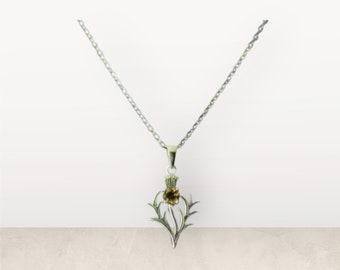 Handcast 925 Sterling Silver Scottish Thistle w/ Citrine Pendant Necklace + Free Chain Outlander