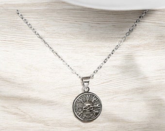 Collar con colgante de brújula vikinga nórdica Vegvisir en plata de ley 925 fundida a mano + cadena gratis
