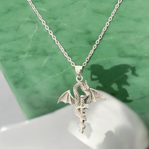 Handcast Large 925 Sterling Silver Medieval Renaissance Dragon w/ Sword Pendant Necklace + Free Chain