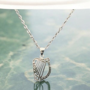 Handcast 925 Sterling Silver Irish Celtic Harp Pendant + Free Chain Necklace