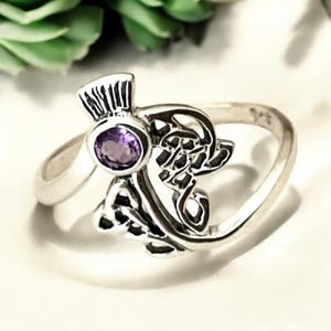 Handcast 925 Sterling Silver Scotland Scottish Amethyst Thistle Ring Outlander