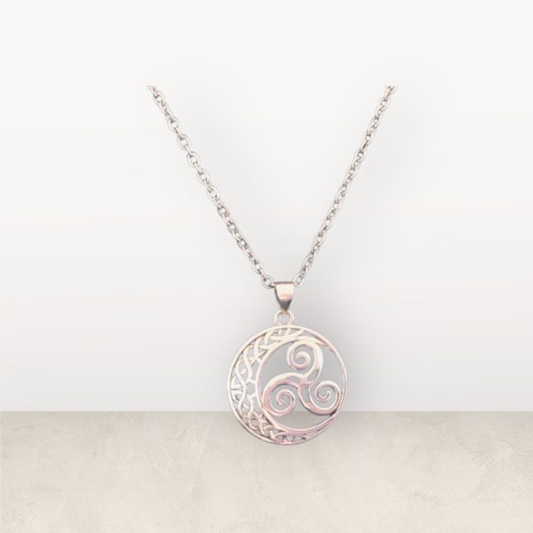 Handgegossener 925er Sterling Silber Keltischer Halbmond Triskele Dreifach Spirale Triskelion Anhänger + Kostenlose Kette