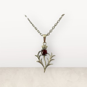 Handcast 925 Sterling Silver Scottish Thistle Garnet Cabochon Pendant Necklace + Free Chain Outlander