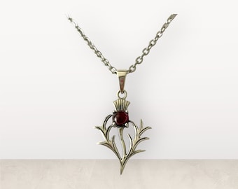 Handcast 925 Sterling Silver Scottish Thistle Garnet Cabochon Pendant Necklace + Free Chain Outlander