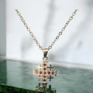 Handcast 925 Sterling Silver Crusader Cross / Jerusalem Cross Garnet Pendant Necklace + Free Chain