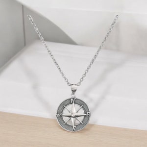 Handcast 925 Sterling Silver Compass Pendant + Free Chain Necklace