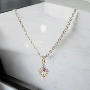 Tiny Handcast 925 Sterling Silver Scottish Thistle Amethyst CZ Pendant Necklace + Free Chain Outlander
