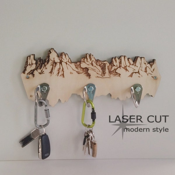 Wooden wall keychain with mountains, climbing spit and karabiner