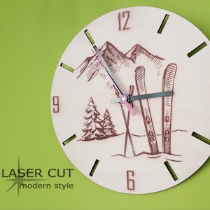 Wooden wall clock with mountain decoration