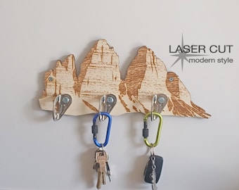 Wooden wall keychain with Three Peaks of Lavaredo-Dolomites, climbing spit and karabiner