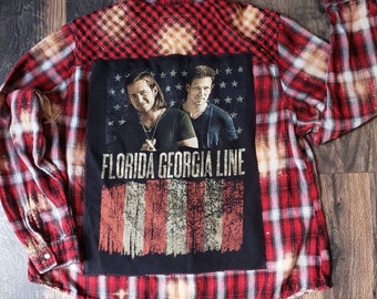 Oversized bleached Upcycled Florida Georgia Line flannel, country music band tee, festival clothing