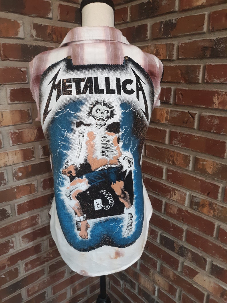 Unisex upcycle distressed sleeveless Metallica shirt bleached flannel distressed Metallica band shirt sleeveless flannel shirt