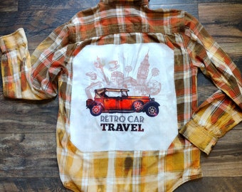 Upcycled bleached retro car Hot rod flannel shirt vintage Hot rod tea Father's Day gifts gifts for him vintage car show