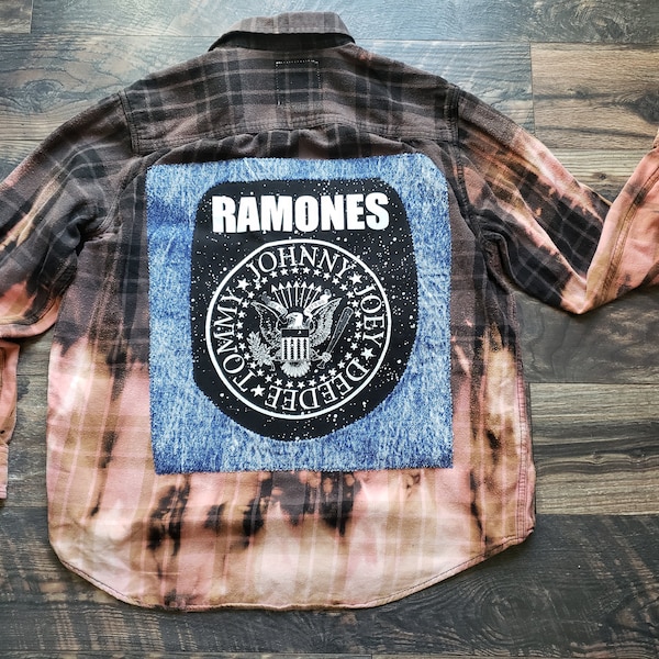Bleached upcycled Ramones flannel, punk rock shirt, The Ramones, bleached flannel, plaid shirts, bleached upcycled band T-shirts