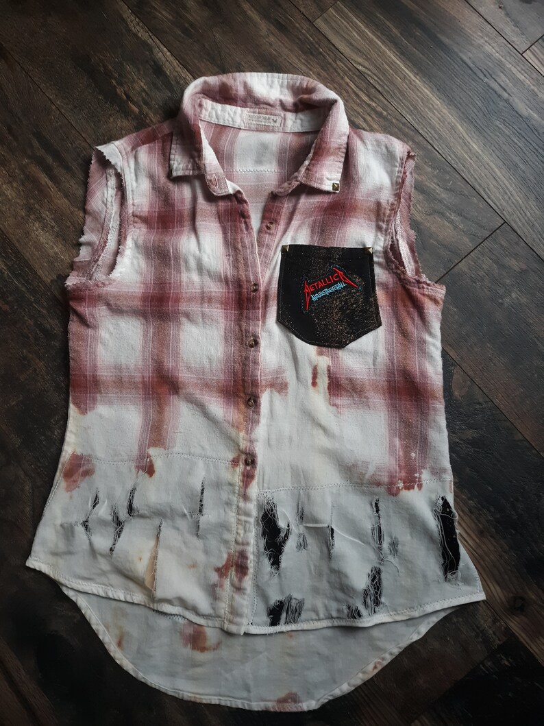 Unisex upcycle distressed sleeveless Metallica shirt bleached flannel distressed Metallica band shirt sleeveless flannel shirt
