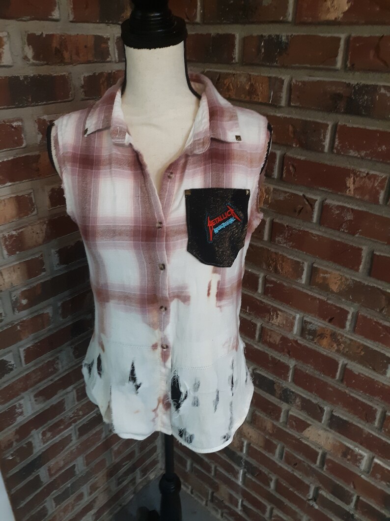 Unisex upcycle distressed sleeveless Metallica shirt bleached flannel distressed Metallica band shirt sleeveless flannel shirt