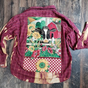 Upcycled bleached homesteading graphic flannel womens sunflower shirt farm life shirt cow lover gifts fall clothing