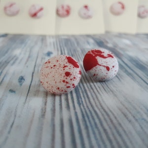 Hand-painted blood splatter stud button earrings, blood splattered fabric, Halloween earrings, Halloween stud earrings, horror movie