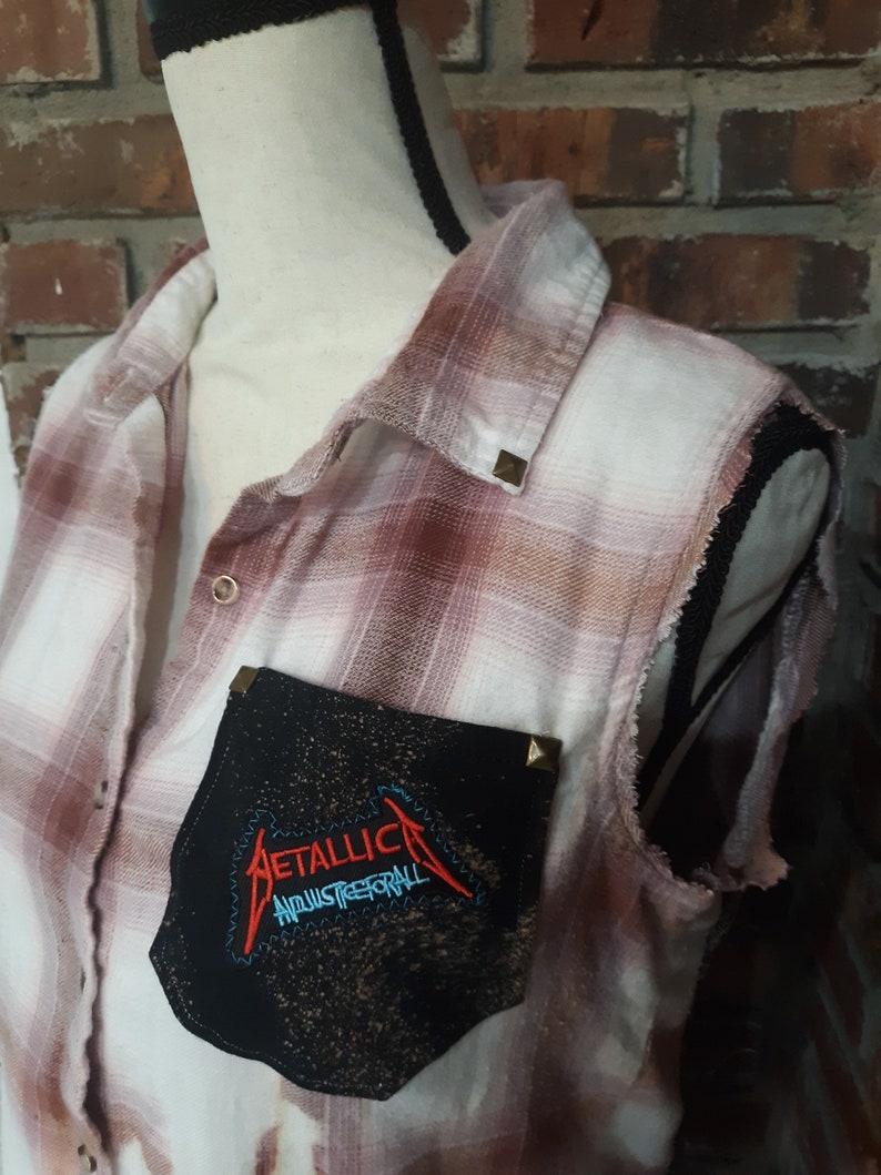Unisex upcycle distressed sleeveless Metallica shirt bleached flannel distressed Metallica band shirt sleeveless flannel shirt