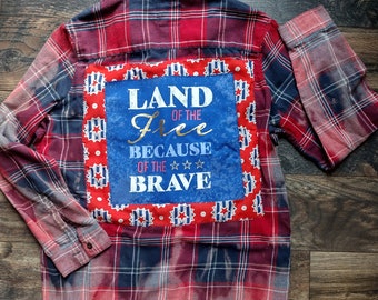 Women's bleached upcycled patriotic 4th of July flannel land of the free because of the brave American flag Independence Day July 4th