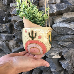 May include: A hanging planter with a cream-colored ceramic pot featuring a pink and yellow rainbow design, a green cactus, and brown speckles. The pot is hanging from a string and has a small green plant inside.