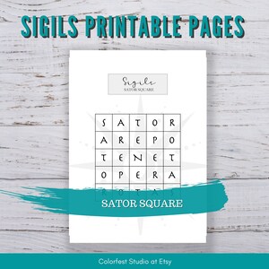 May include: Printable page with a black and white Sator Square, a word square puzzle. The text "Sigils SATOR SQUARE" is at the top of the page. The text "SATOR SQUARE" is at the bottom of the page.