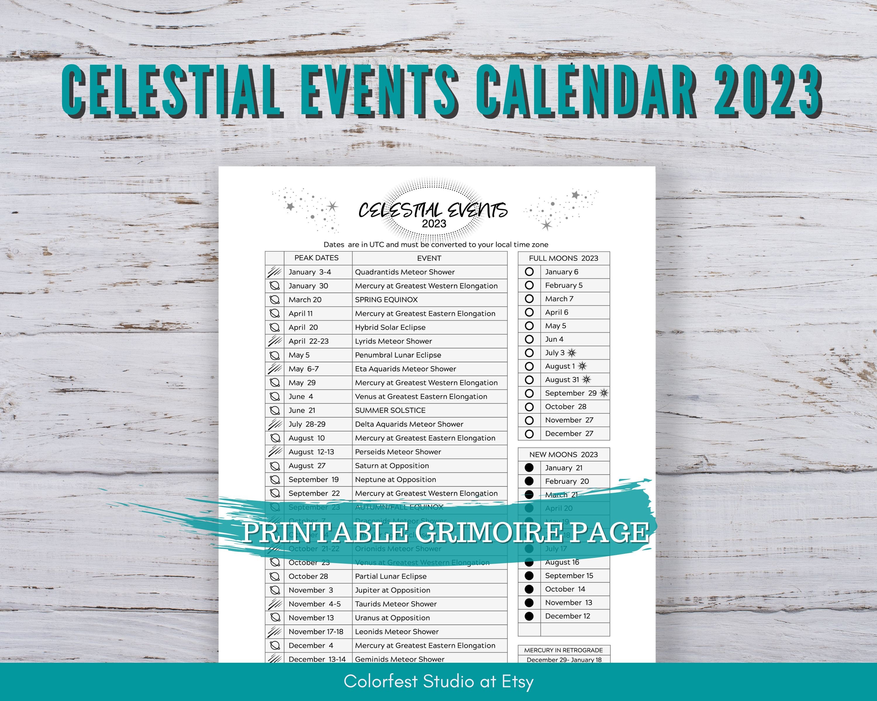 Celestial Events Calendar 2023 Full New & Super Moons Etsy