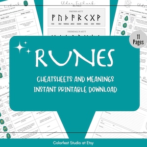 Runes Journal afdrukbare pagina's voor Grimoire en Book of Shadows. Runen-symbool Cheat Sheets, grafieken, Futhark-betekenissen en tekensjablonen