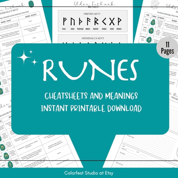 Runes Journal Printable Pages for Grimoire and Book of Shadows. Runes Symbol Cheat Sheets, Charts, Futhark Meanings & Draw Templates