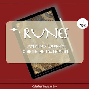 Op de afbeelding: Een digitale tablet met een gouden en zwarte achtergrond met de tekst "RUNES" en "INSERT FOR COLORFEST STARTER DIGITAL GRIMOIRE". De tablet staat op een rode achtergrond met een witte cirkel waarop "11 Pages" staat.