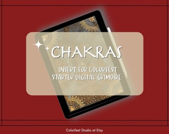 Chakras Journal  Page. Insert for Colorfest Digital Grimoire Book of Shadows. Seven Chakras Names, Symbols, Keywords & Positions