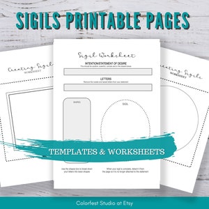May include: Printable sigil worksheets with instructions for creating sigils. The worksheets include sections for writing an intention statement, breaking down letters into shapes, and drawing the sigil.