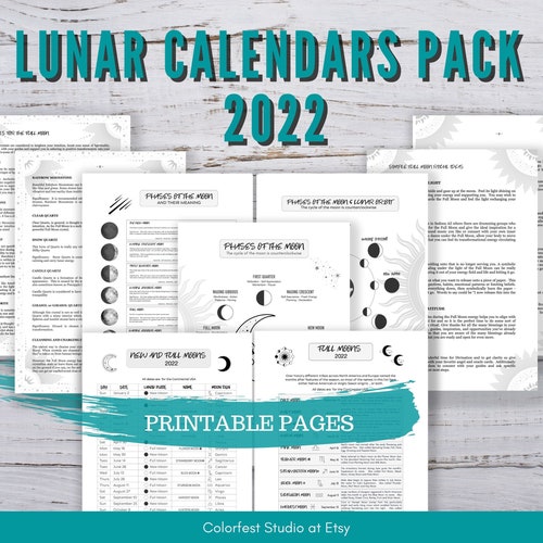 Full Moons and New Moons 2022 Calendars. Phases of the Moon Charts. Printable Lunar Pages for Grimoire Book of Shadows.  Instant Download.